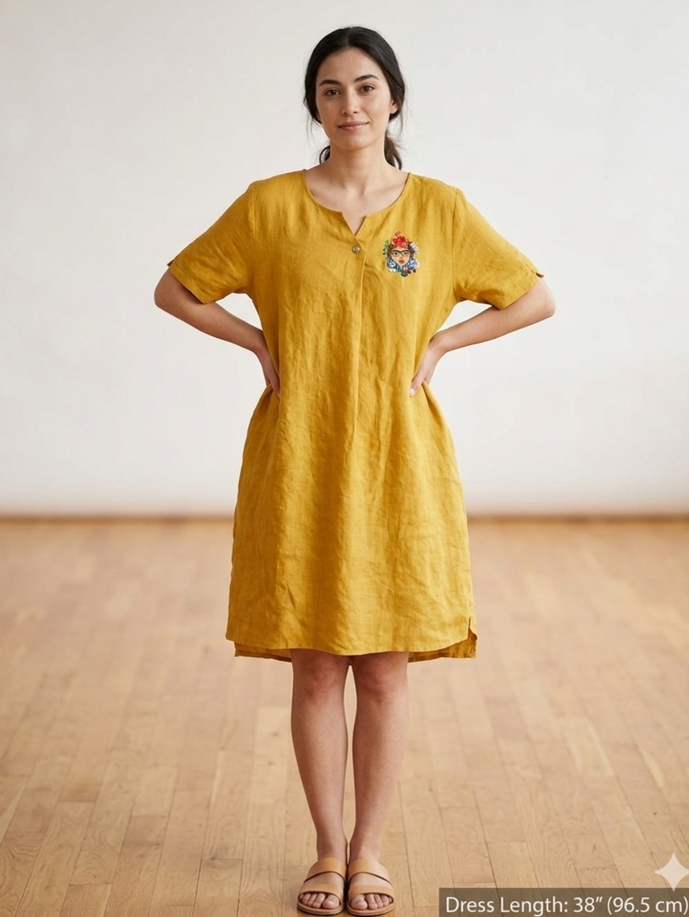 100% Linen Frida Kahlo Face Embroidered Dress
